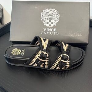 Vince Camuto Black and Cream Buckle Sandals
